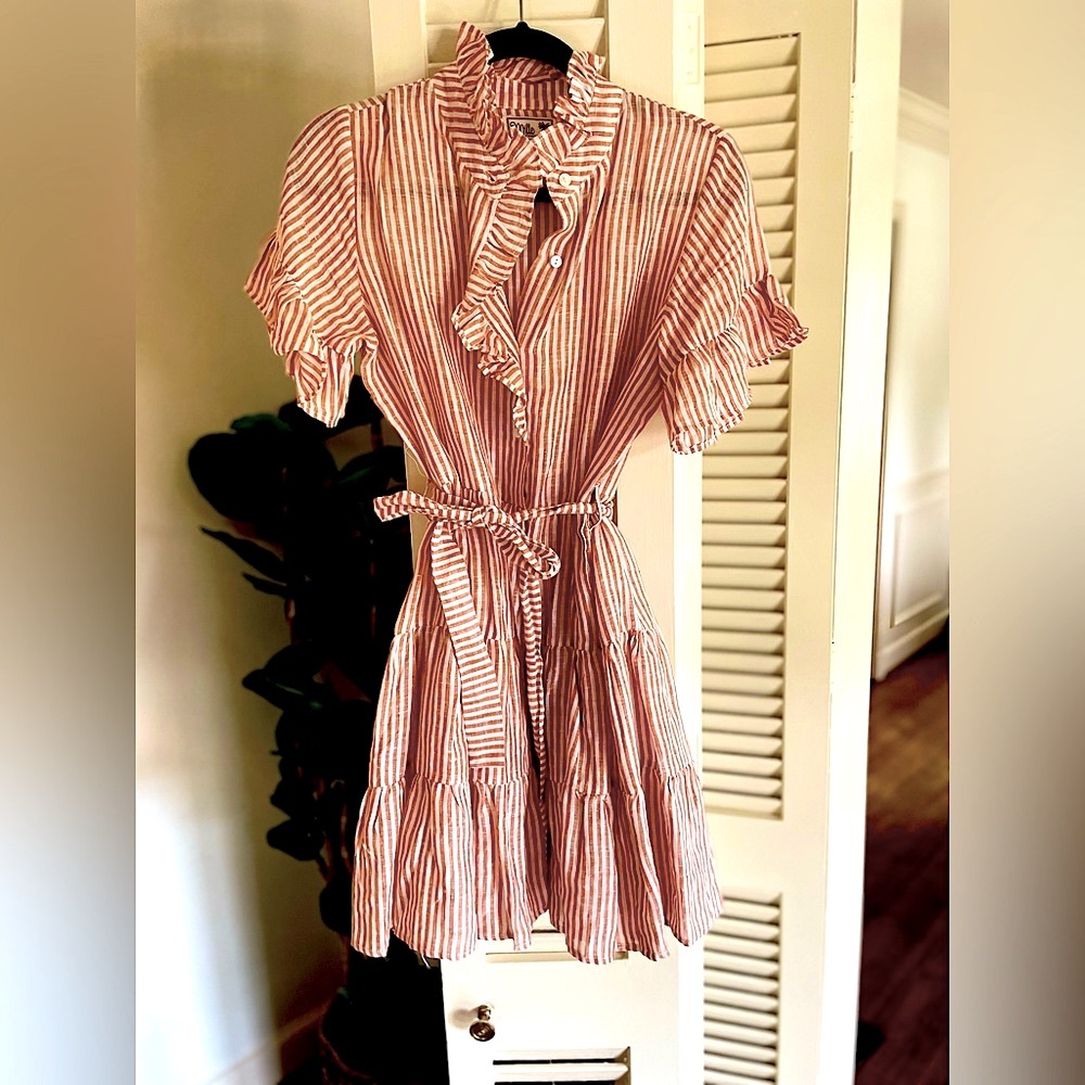 Mille Resort linen seersucker striped ruffle dress from Ex Voto in Birmingham,AL